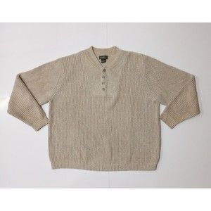 Vintage 90s Eddie Bauer Mens XL Ribbed Knit Henley Sweater Oatmeal Brown USA
